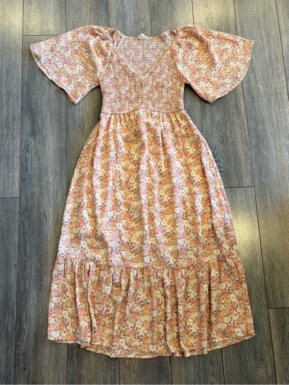 Hem & Thread Peach Floral Smocked Waist Dress
